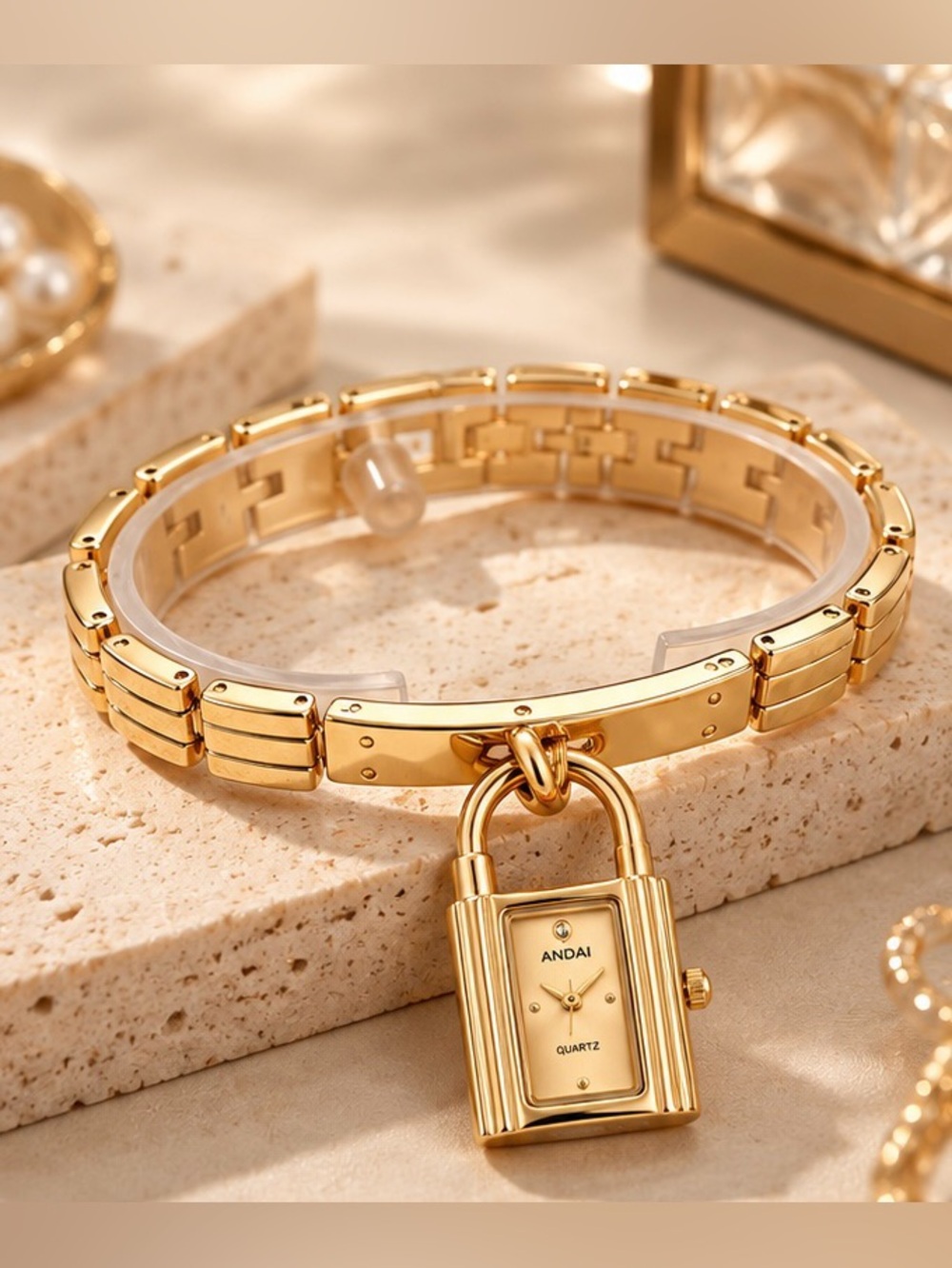 Gold Tone Padlock Charm Bracelet Watch Minimalist Women’s Quartz Jewelry Watch